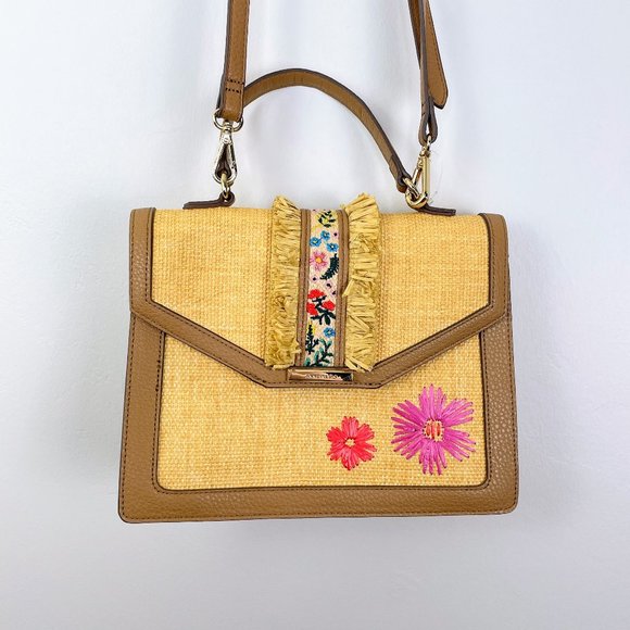 NWOT Anne Klein Carrie Fringe Floral Straw Raffia Embroidered Satchel Crossbody - Picture 1 of 12